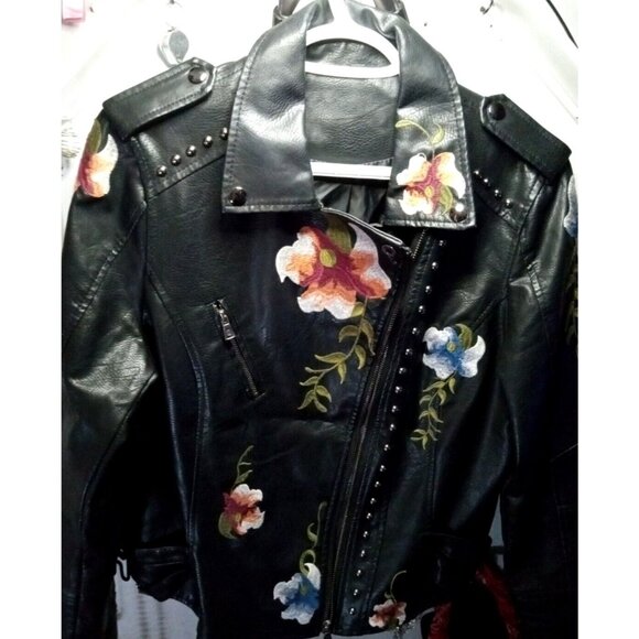 VINTAGE Women's Leather Motorcycle Jacket Med Black Floral Embroidered Zip-Up - Picture 7 of 10